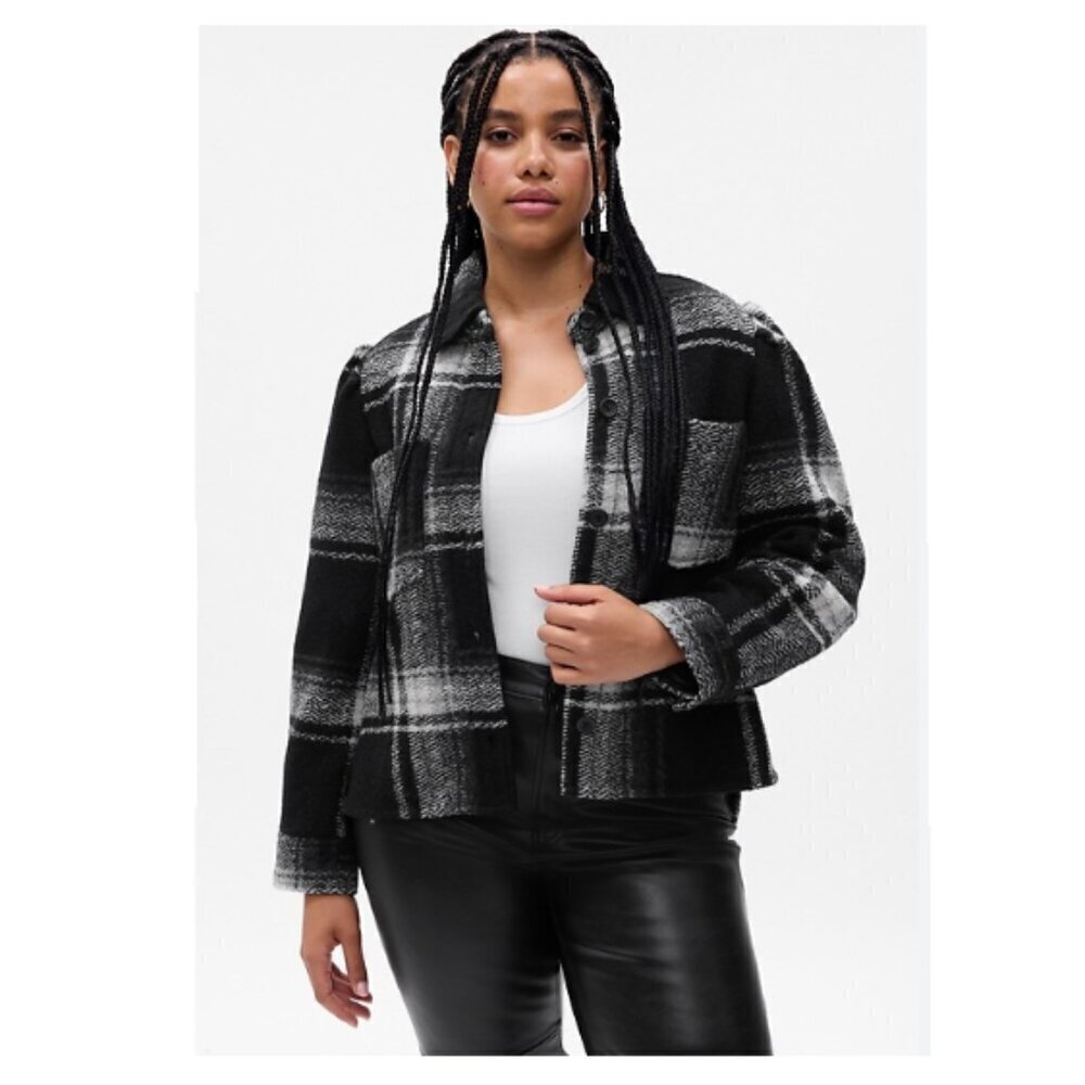 GAP XXL Tall Puff Sleeve Cropped Wool Shirt Plaid Black Gray Jacket New Tags